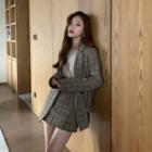 Plaid Double-breasted Blazer / Long-sleeve Top / Mini Pencil Skirt
