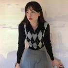 Open-collar Argyle Sweater / Mini A-line Skirt
