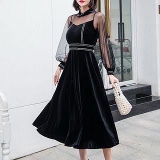 Mesh Panel A-line Midi Velvet Dress
