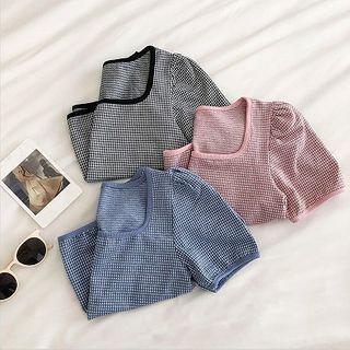 Short-sleeve Checked Scoop-neck T-shirt