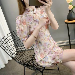 Mandarin Collar Floral Mini Sheath Dress