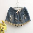 Drawstring Waist Embroidered Denim Skort