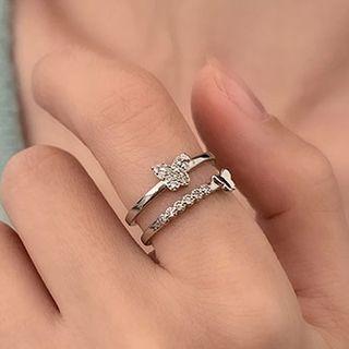 Rhinestone Ring Butterfly Ring - 2 Layers - Silver - One Size