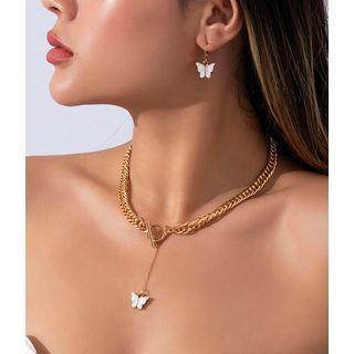 Set: Butterfly Earring + Necklace Set Of 2 - Earring + Necklace - Gold - One Size