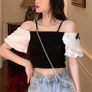 Off-shoulder Ruffled Sleeve Top Black - One Size