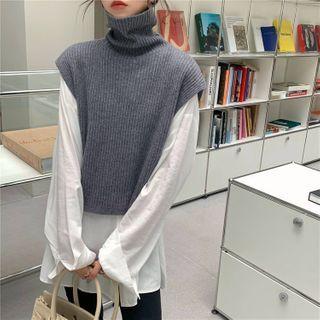 Mock-neck Plain Striped Vest