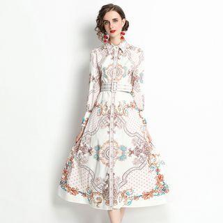 Long-sleeve Printed Collared Midi A-line Dress
