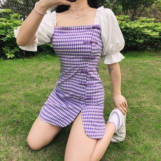 Gingham Panel Frog-button Short-sleeve Mini Dress