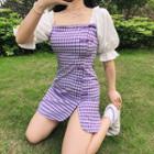 Gingham Panel Frog-button Short-sleeve Mini Dress