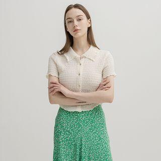 Collared Lettuce-edge Cropped Blouse