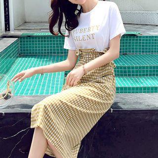 Set: Short-sleeve Lettering T-shirt + Single-breasted Gingham Midi Skirt