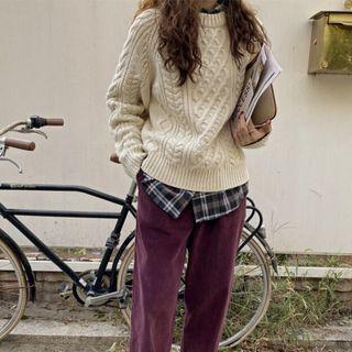 Plain Sweater / Plaid Shirt / Straight Leg Pants