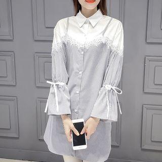 Lace Panel Pinstripe Panel Long-sleeve Shirtdress