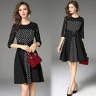 Elbow-sleeve Dotted Panel A-line Dress