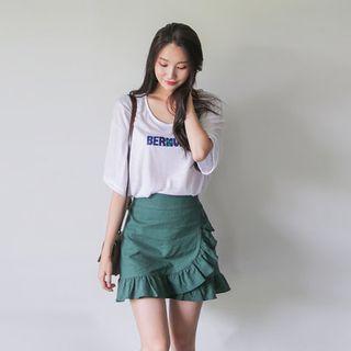 Linen-blend Wrap-front Ruffle Mini Skort