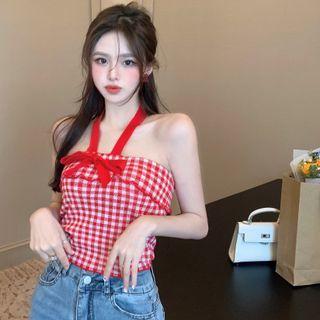 Bow-accent Checker Knit Halter Crop Top