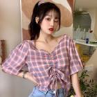 Short-sleeve Check Ruched Cropped Top