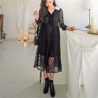 Contrast-collar Lace-overlay Long Dress