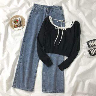 Square-neck Cropped Knit Top / Straight-cut Jeans