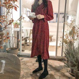 Long-sleeve Dotted Midi A-line Dress Red - One Size