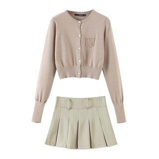 Embroidered Cropped Cardigan / Pleated Mini A-line Skirt