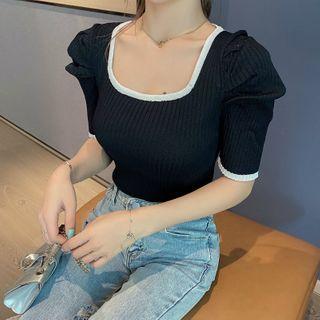 Contrast Trim Square-neck Short-sleeve Knit Top