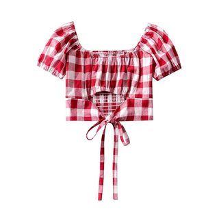 Short-sleeve Plaid Cutout Top