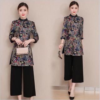 Set: 3/4-sleeve Traditional Chinese Mini Dress + Wide-leg Pants