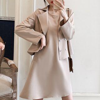Set: Plain Sleeveless Dress + Double-breasted Jacket