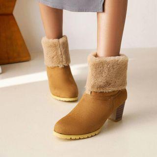 Block-heel Fluffy Cuff Short Boots