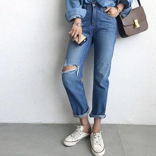 Slit-knee Roll-up Hem Straight-cut Jeans