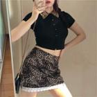 Short-sleeve Cropped Shirt / Fitted Leopard Print Mini Skirt