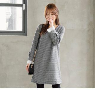 Bow Pleated Cuff Panel Houndstooth Dress