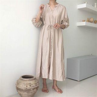 Puff Sleeve Plain V-neck Midi Dress