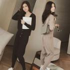 Set: Knitted Tank Top + V-neck Pocketed Cardigan + Drawstring Knit Pants