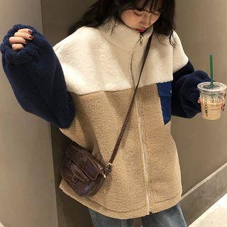 Color Panel Fleece Zip Jacket As Shown In Figure - One Size