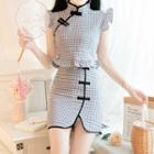 Set: Plaid Ruffled Sleeveless Qipao Top + Mini A-line Skirt