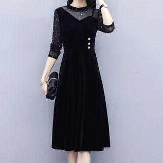 Long-sleeve Sequined Mesh Panel Midi Dress