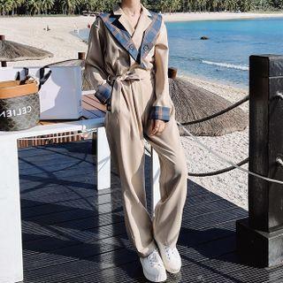Long-sleeve Collar Plaid Panel Jumpsuit