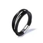 Simple Fashion Geometric 316l Stainless Steel Multi-layer Black Leather Bracelet Silver - One Size
