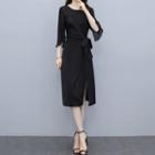 Elbow-sleeve Tie-waist Frill Trim Sheath Dress