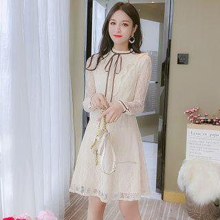 Long-sleeve Tie-neck Lace A-line Midi Dress
