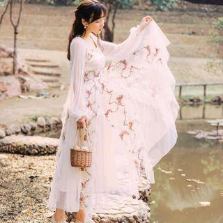 3/4-sleeve Embroidered Midi A-line Mesh Dress