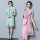 Set: Floral Print Chiffon Tank Dress + Short Sleeve Light Jacket