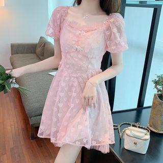 Short-sleeve Square-neck Heart A-line Dress