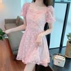 Short-sleeve Square-neck Heart A-line Dress