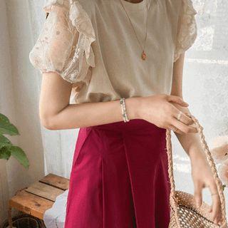 Laced Puff-sleeve Frill-trim Top
