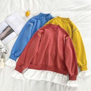 Mock Two-piece Lettering Embroidered Fleece Loose-fit Sweatshirt