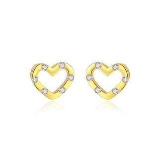 Sterling Silver Plated Gold Simple Romantic Hollow Heart Stud Earrings With Cubic Zirconia Golden - One Size