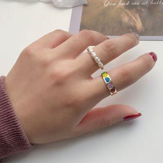Set Of 2 : Faux Pearl Ring + Glaze Alloy Ring Set Of 2 - Faux Pearl Ring - White & Alloy Ring - Purple & Blue & Green Heart - Gold - One Size